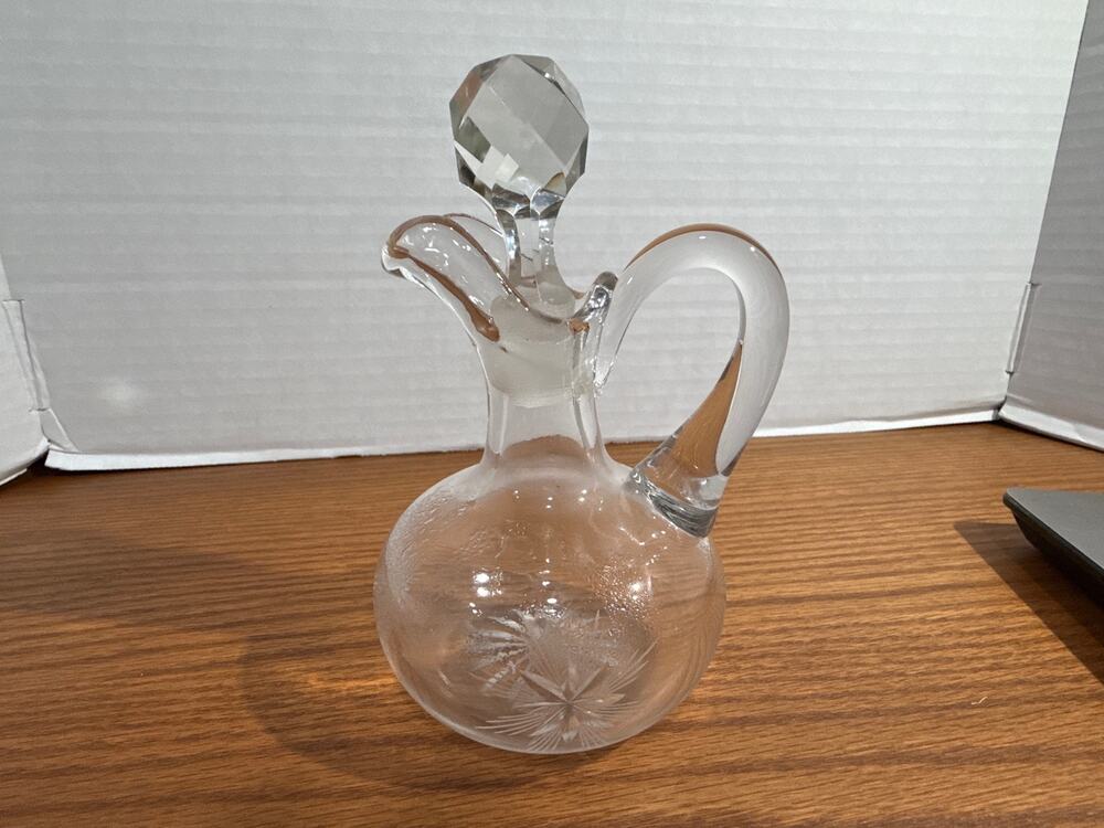 Vintage Cut Glass Oil Vinegar Cruet Starburst Etched Stopper Clear 8"